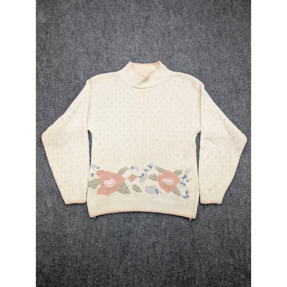 Paris Sport Club Vintage Knit‎ Sweater Floral Beige Womens L Cottagecore Thick